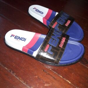 Fendi Men's Blue and White Slide Sandals